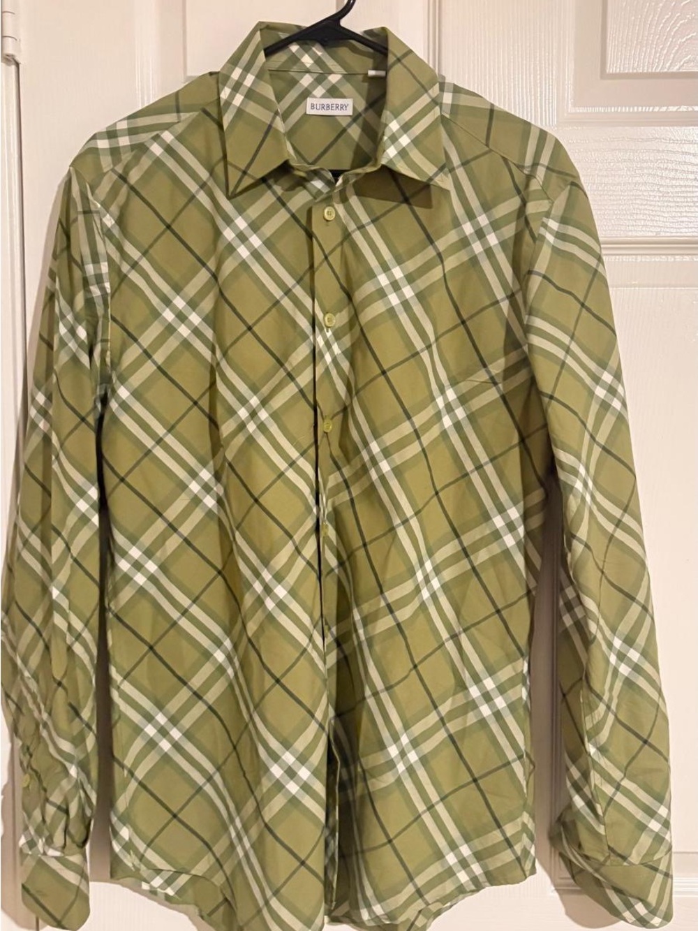 Burberry Olive and White Plaid Cotton Button-Down Shirt